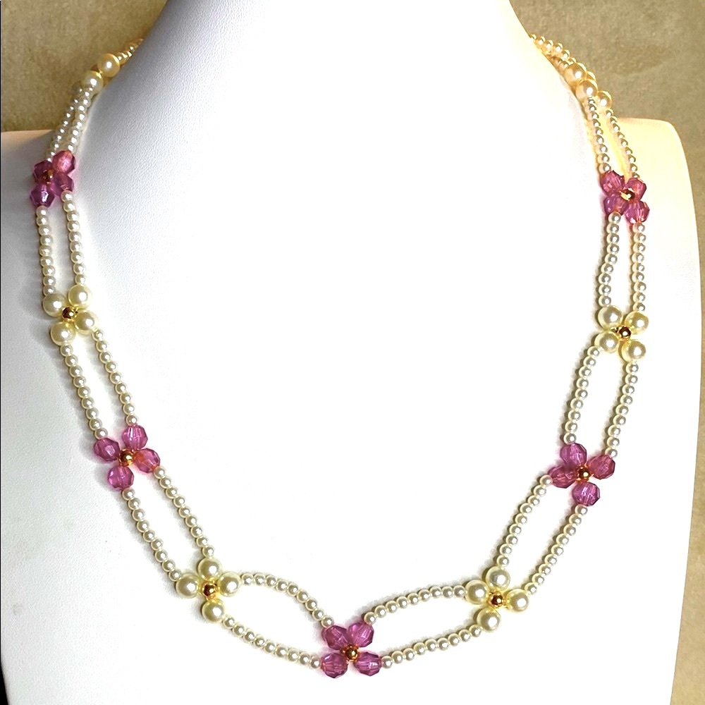 Charming Pearl and Pink Floral Necklace